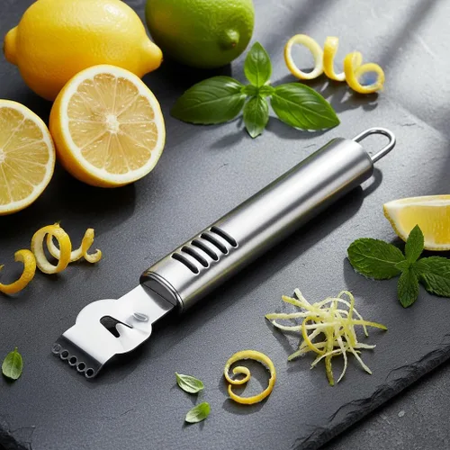 Pelador Zester de limón plateado, pelador de acero inoxidable limón, lima, naranja con cuchillo, raspador de cítricos, herramienta de pelado de