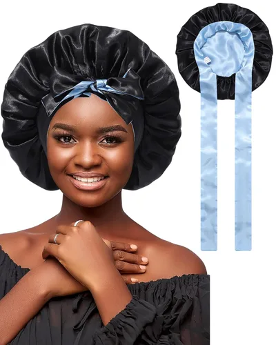 Miniatura 9 de AWAYTR Gorro de satén de seda para dormir para mujeres con cabello rizado, gorro de dormir reversible de doble capa con banda de amarre (azul) 7