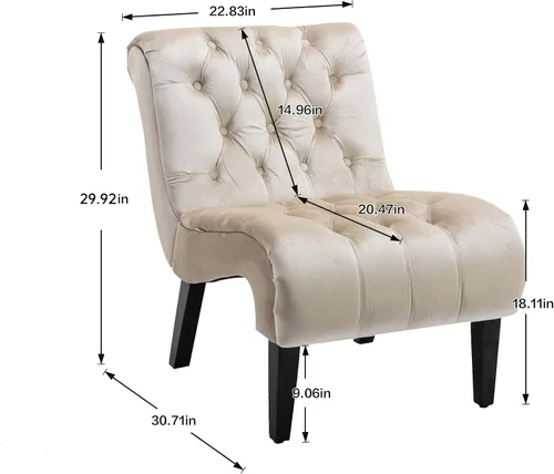 Miniatura 2 de Modern Velvet Armless Accent Living Room Chair,Upholstered Fabric Button Comfortable Leisure Chair with Wooden Legs for Bedroom,Office (Beige Velvet)