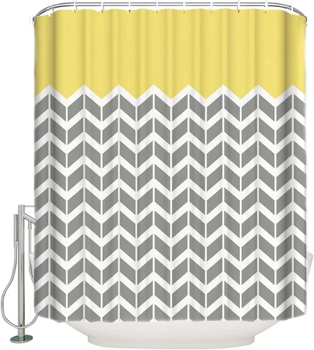 Miniatura 4 de Cortina de ducha, diseño de rayas onduladas, patrón geométrico, gris, amarillo, repelente al agua, tela de poliéster, cortinas de baño con ganchos