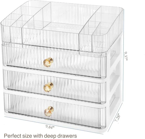 Miniatura 5 de Organizador de maquillaje transparente con 3 cajones, organizador de baño y almacenamiento, ideal para escritorio y tocador de cómoda, excelente