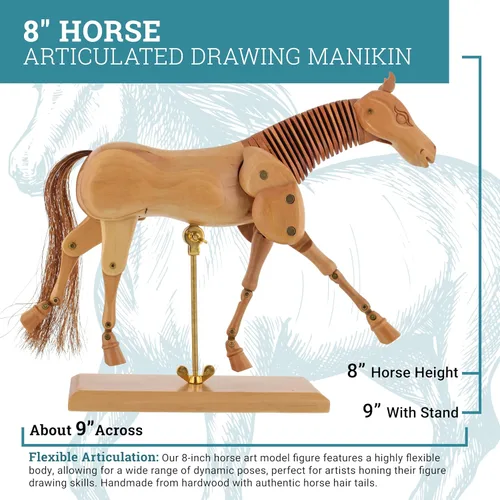 Miniatura 3 de U.S. Art Supply Maniquí de caballo de madera de 8 pulgadas para dibujar - Maniquí articulado con base y cuerpo flexible para dibujar la figura equina