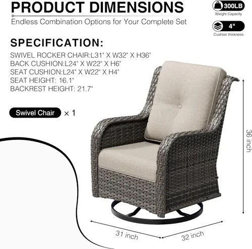 Miniatura 2 de Joyside Silla mecedora giratoria para exteriores para patio, mecedora de mimbre para exteriores con cojines de tela de olefina adecuada para porche