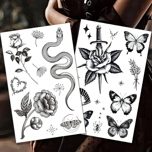 Miniatura 6 de Tazimi 8 hojas de tatuajes temporales grandes en negro para mujeres y niñas, tatuajes falsos realistas de mariposas, serpientes, abejas