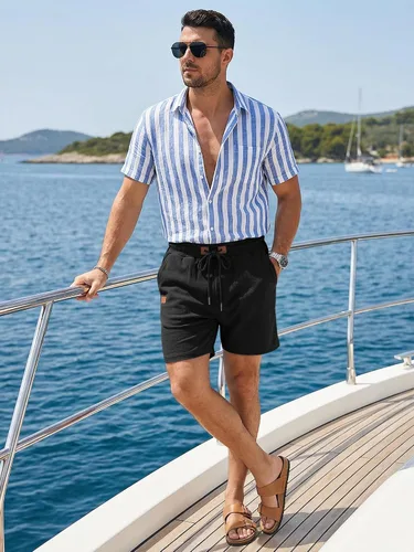 Miniatura 4 de JMIERR pantalones cortos casuales de 5"/ 7" para hombre, con cintura elástica de estilo gofrado, cordón de ajuste, pantalones cortos