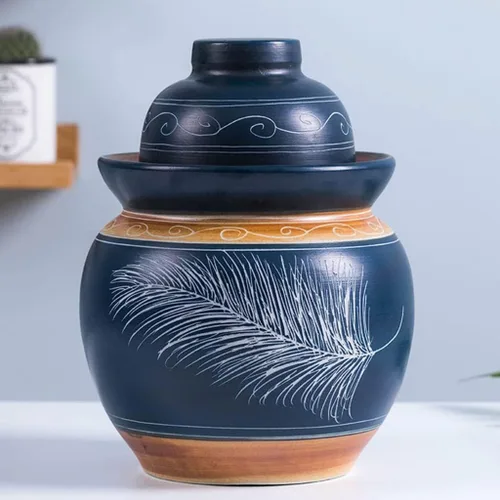 Miniatura 7 de Tarro de encurtido de porcelana china tradicional azul, olla de decapado de fermentación de cerámica, frasco de fermentación con sello de agua tapa