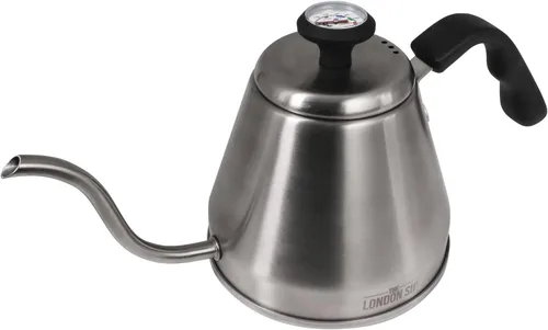 London Sip RiteTemp - Hervidor de cuello de cisne con termómetro, boquilla fina, ideal para verter café, acero inoxidable cepillado, 40.6 fl oz