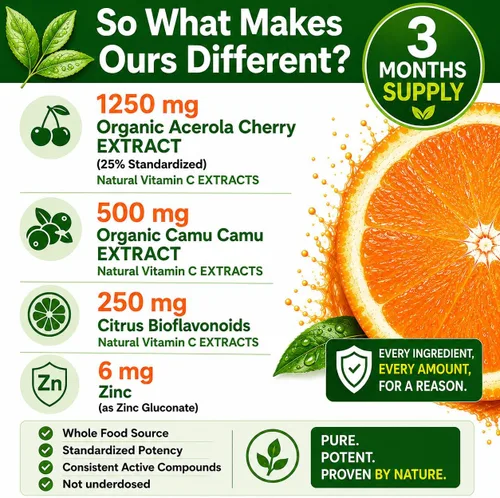 Miniatura 4 de Vitamina C natural de Acerola Cherry & Camu Camu en polvo, alta absorción con bioflavonoides cítricos, refuerzo del sistema inmunológico y colágeno