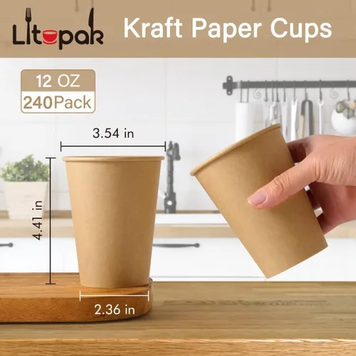Miniatura 2 de LITOPAK Paquete de 240 unidades de tazas de papel de 12 onzas, tazas de café calientes kraft, tazas desechables para bebidas, tazas de café