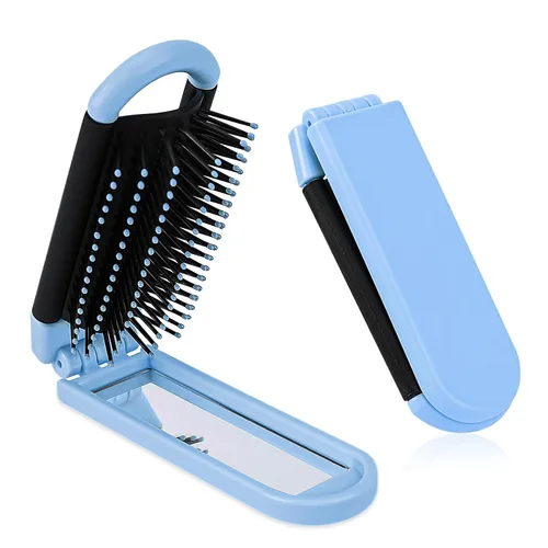 Miniatura 13 de Cepillo de pelo portátil de viaje, pequeño cepillo plegable compacto con espejo y punta redonda, cerdas de nailon para mujeres y hombres, mini peine