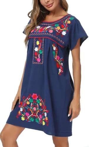 Miniatura 7 de YZXDORWJ - Vestido mexicano bordado de manga corta para mujer