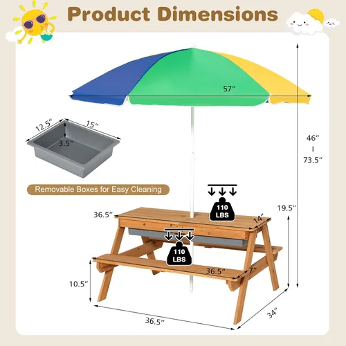 Miniatura 6 de KOTEK Mesa de picnic para niños, mesa de arena y agua 3 en 1 con mesa desmontable, 2 cajas de juego extraíbles, paraguas plegable y ajustable en Azul