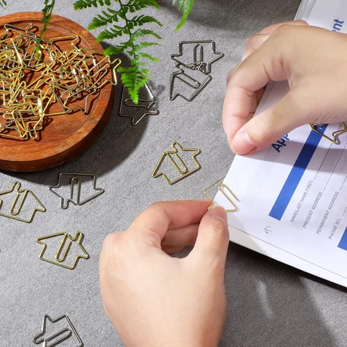 Miniatura 3 de Yeaqee 50 clips de papel en forma de casa, suministros de agente inmobiliario, color dorado y plateado, divertidos clips a granel para niños