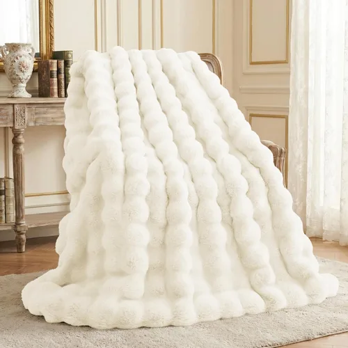 Miniatura 13 de L'AGRATY - Manta de piel sintética de 50" x 60" de lujo, suave y esponjosa, de pelo de conejo, para cama, sofá o diván - Manta mullida y decorativa