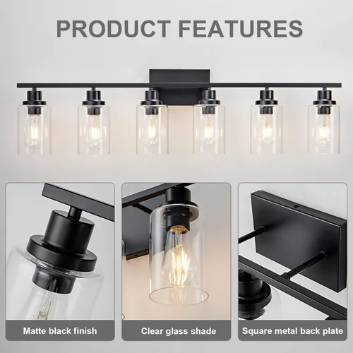 Miniatura 7 de Accesorio de Iluminación para Baño de 6 Luces Lámpara Negra para Tocador Sobre Espejo Apliques de Iluminación de Pared Estilo Casa de Campo Moderna