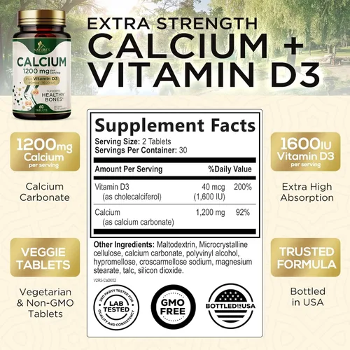 Miniatura 2 de Calcio 1200 mg con Vitamina D3 – Suplemento de salud ósea, vitamina D y suplementos de calcio para mujeres y hombres – Fuerza ósea, dientes y apoyo