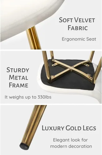 Miniatura 3 de Juego de 4 sillas de comedor de terciopelo crema, sillas de cocina modernas de mediados de siglo con patas cromadas doradas, elegantes sillas