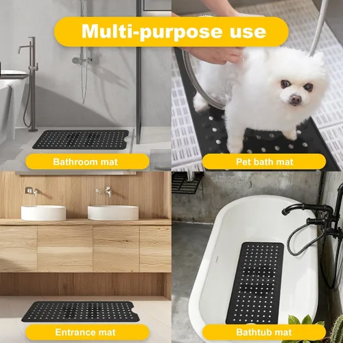 Miniatura 7 de Tapete de silicona antideslizante para bañera de 36 x 16 pulgadas, con orificios de drenaje y ventosas, tapetes mejorados para bañera y ducha, Negro