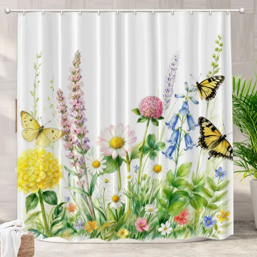 Batmerry Cortina de ducha decorativa botánica con hojas blancas, flores románticas, borde victoriano, libélula y flores silvestres, bonita y ancha
