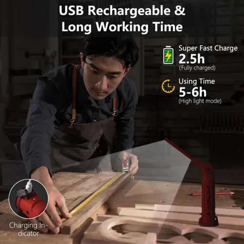 Miniatura 5 de Luz de trabajo portátil, luces de trabajo recargables con gancho colgante de base magnética, rotación de 360°, 5 modos, COB LED de 800 lúmenes, luz