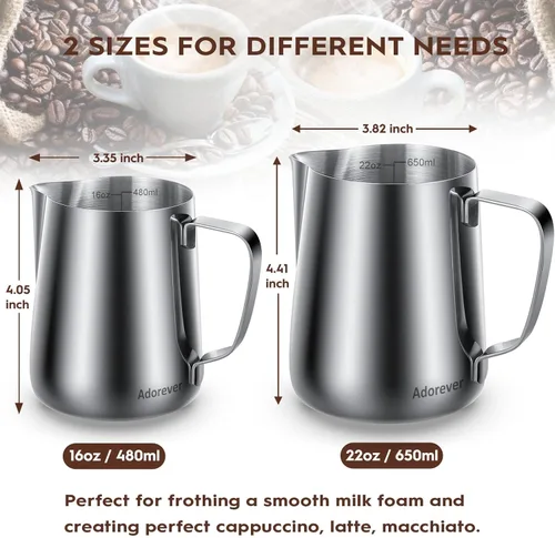 Miniatura 3 de Adorever Jarra espumadora de leche, taza espumadora de leche de acero inoxidable de 16 onzas y 16.2 fl oz, barra de café, cafetera de capuchino