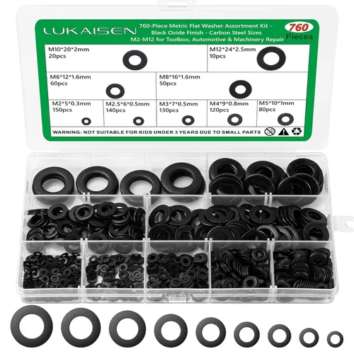 Miniatura 9 de Juego de 230 arandelas planas grandes, kit surtido de arandelas planas de acero inoxidable 304, 15 tamaños M3/M4/M5/M6/M8/M10/M12, arandelas Plateado