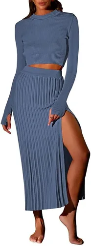 Pink Queen Conjunto de suéter de 2 piezas para mujer, manga larga, ombliguera acanalada, dividida, bodycon, falda larga, vestidos de punto