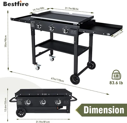 Miniatura 2 de BESTFIRE Parrilla plana de 3 quemadores de 35 pulgadas, parrilla plana de 45,000 BTU para cocinar al aire libre con dos estantes plegables, parrilla