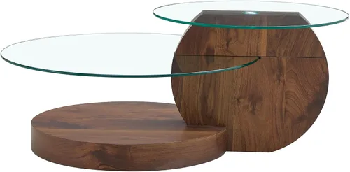 Miniatura 8 de Mesa de Café Redonda de Vidrio, Modernas Mesas de Café de Vidrio Templado para Sala de Estar, Mesa de Centro Circular de Nuez de 3 Niveles