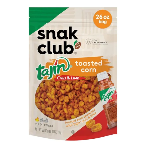 Snak Club Tajin Maíz Tostado, Nuggets de Maíz Tostado con Chile y Condimento de Lima, Suave, Sin OGM, Sin Gluten, Aperitivo Kosher, Sin Colores ni