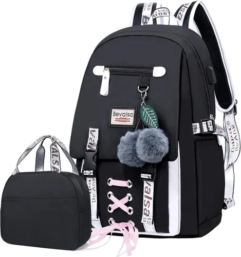 Bevalsa Mochila escolar para niñas, mochila para niñas con lonchera, bolsa de libros para niñas, niños, escuela secundaria para estudiantes
