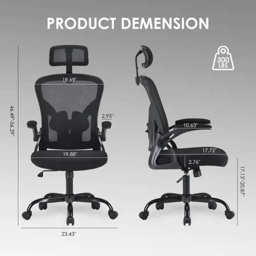 Miniatura 2 de Silla de oficina ergonómica de malla, silla de escritorio con respaldo alto y reposabrazos, soporte lumbar ajustable hacia arriba y hacia abajo