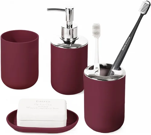 Miniatura 9 de Juego de accesorios de baño, 4 piezas de plástico incluyen dispensador de jabón, jabonera, soporte para cepillo de dientes, taza para enjuague