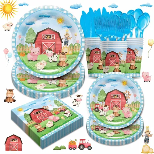 Juego de 168 platos para fiesta de cumpleaños de granja, decoraciones de fiesta de animales de granja, incluye platos de vaca, vasos, servilletas,