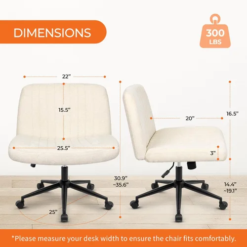 Miniatura 2 de Silla Criss Cross de Orange Factory con ruedas, amplias piernas cruzadas, para escritorio de oficina, cambiador, base doble, cómoda, sin brazos