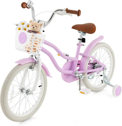 Miniatura 16 de COSTWAY Bicicleta para niños de 12, 14, 16, 18 pulgadas, bicicleta para niños con ruedas de entrenamiento, frenos de mano y posavasos, sillín