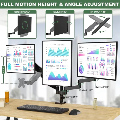 Miniatura 5 de UPGRAVITY Soporte de escritorio para monitor triple para tres pantallas de computadora planas/curvas de hasta 27 pulgadas, brazos de triple monitor