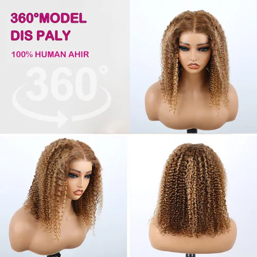 Miniatura 4 de Lealife Wear and Go - Peluca rizada estilo Bob sin pegamento, con reflejos degradados 4/27, peluca de encaje transparente precortada, peluca