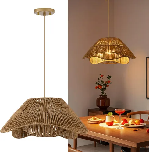 Miniatura 11 de Lámpara antigua para comedor, lámpara colgante de ratán de 4 luces con pantalla de tambor, luz colgante de techo de mimbre tejida ajustable, lámpara