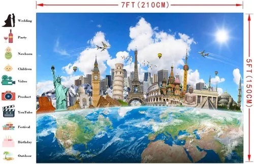 Miniatura 5 de Fondo de viaje mundial de mapa mundial de 7 x 5 pies, edificios famosos en todo el mundo, fondo de fotografía de Newyork y París, Torre Eiffel