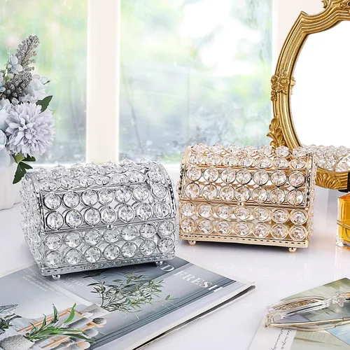 Miniatura 8 de ELLDOO Joyero de cristal, caja organizadora de aretes, anillos, decoración del hogar, caja decorativa con tapa, regalo plateado para San Valentín
