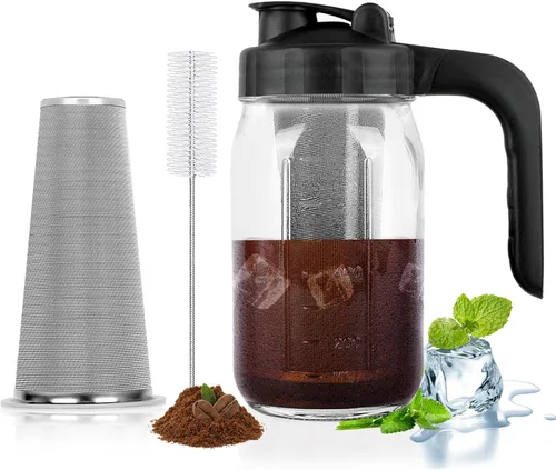 Jarra para Café de Infusión Fría Cupluw, Jarra de Albañil de Vidrio de 32 Oz con Asa de Mano en Forma de V y Tapa, Filtro de Acero Inoxidable para