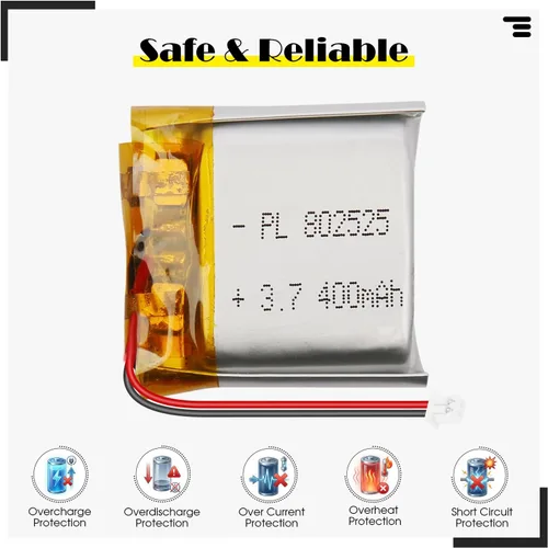Miniatura 2 de 802525 3.7V 400mAh LiPo Batería - Batería recargable de polímero de litio con placa de protección y conector Micro JST 1.25 para dispositivo
