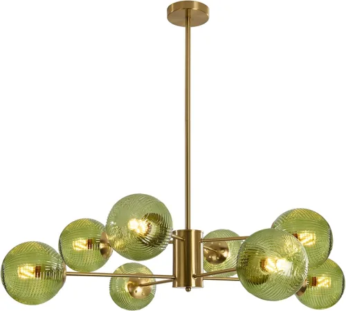 Miniatura 9 de KCO Lámpara colgante de techo de cristal verde de 6 luces con forma de globo moderno semiempotrado, lámpara de techo vintage de latón dorado Sputnik