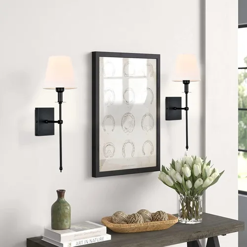 Miniatura 6 de Pauwer Juego de 2 apliques de pared delgados de tela blanca, aplique de pared para interiores, soporte de columna, lámparas de pared para Negro