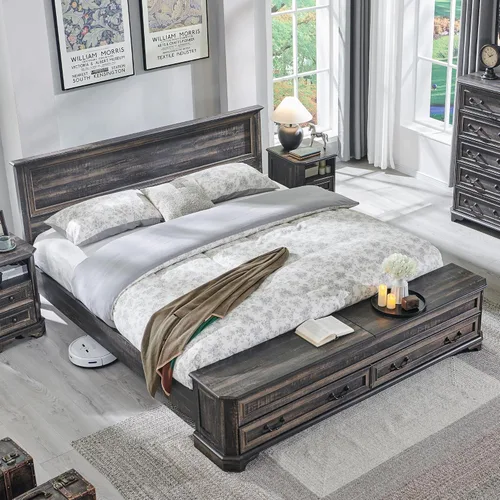 Miniatura 8 de T4TREAM Cama Queen de granja con cabecera y banco de almacenamiento, cama de plataforma de madera rústica con baúl de almacenamiento de 64 pulgadas