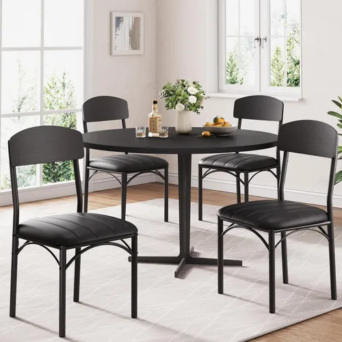 Jocoevol Juego de 4 sillas de comedor tapizadas con piel sintética, sillas de cocina industriales con respaldo de madera y patas de metal gruesas,