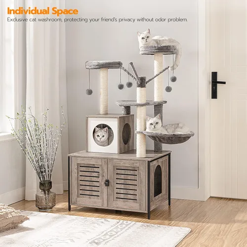 Miniatura 4 de HOOBRO Árbol para gatos con recinto para caja de arena, 27.6" L x 18.9" A x 52" Al, Torre de madera para gatos todo en uno, Muebles para gatos