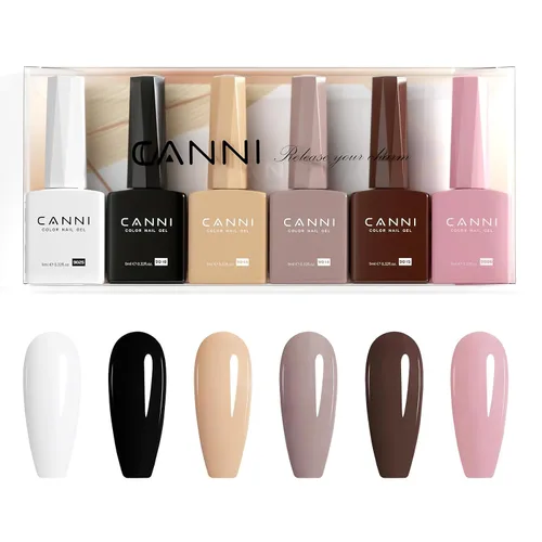 CANNI - Juego de esmaltes de uñas en gel sin hema de 9ml, 6 piezas, colores blanco, negro, nude, rosa y marrón para el otoño, kit de esmaltes de