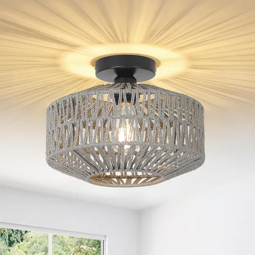 Lámpara bohemia para techo, lámpara de techo de ratán con bombilla LED regulable, mini lámpara de araña tejida a mano para pasillo, dormitorio, Gris